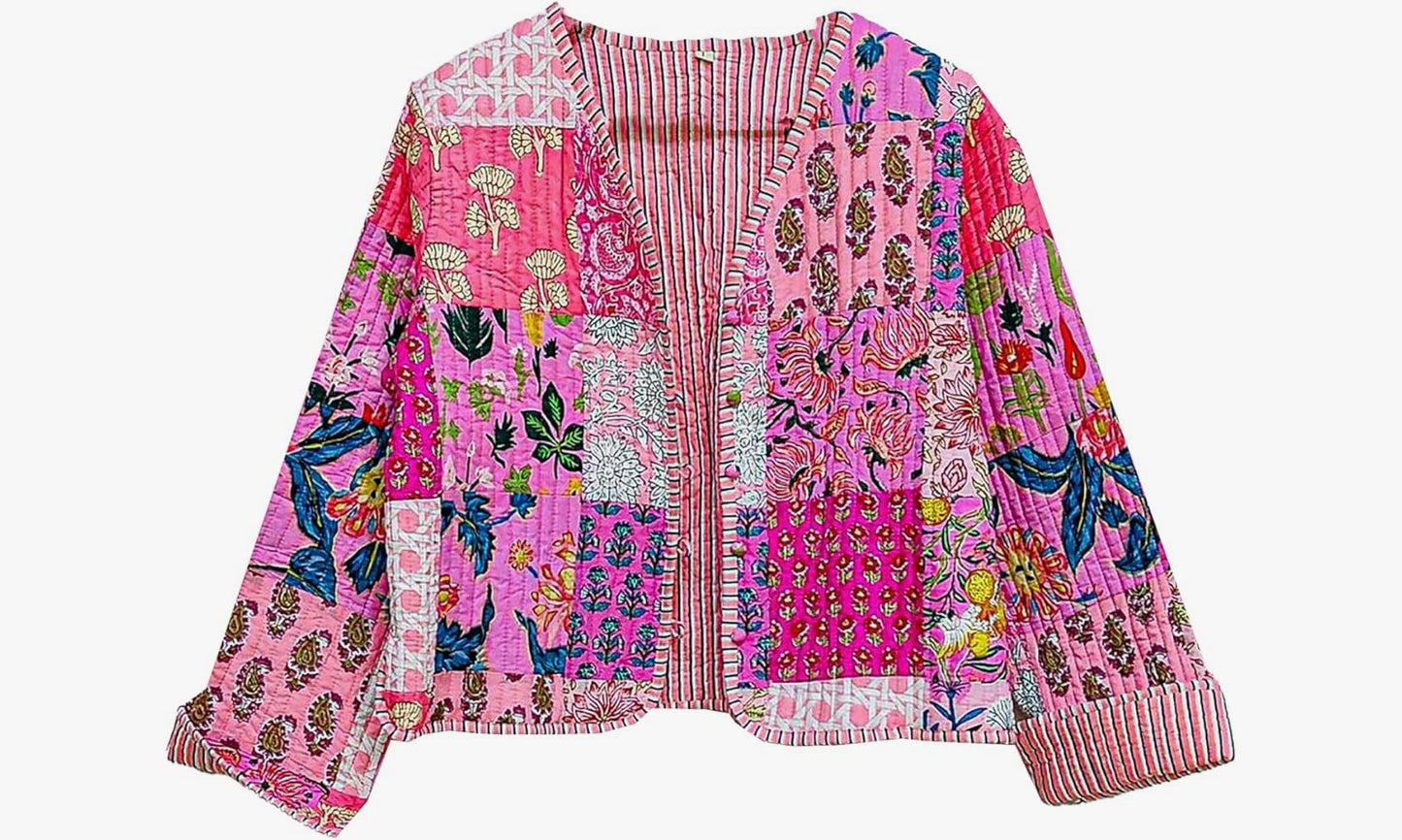 Bohemian Patchwork Kantha Quilted Jacket – Available in Pink, Green & Turquoise