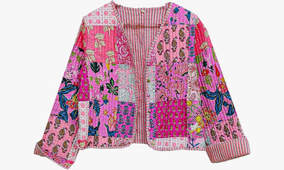 Bohemian Patchwork Kantha Quilted Jacket – Available in Pink, Green & Turquoise