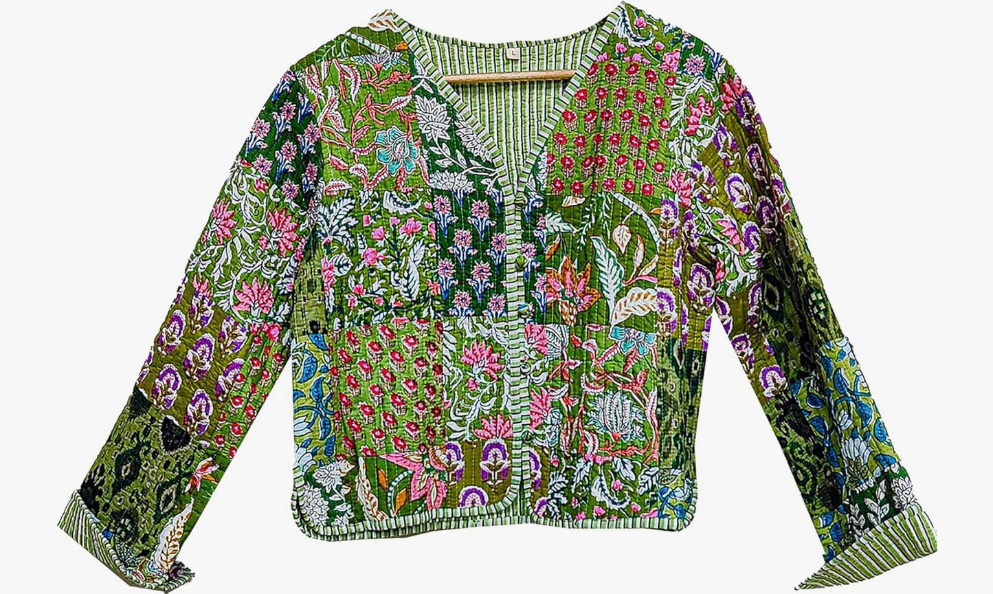 Bohemian Patchwork Kantha Quilted Jacket – Available in Pink, Green & Turquoise