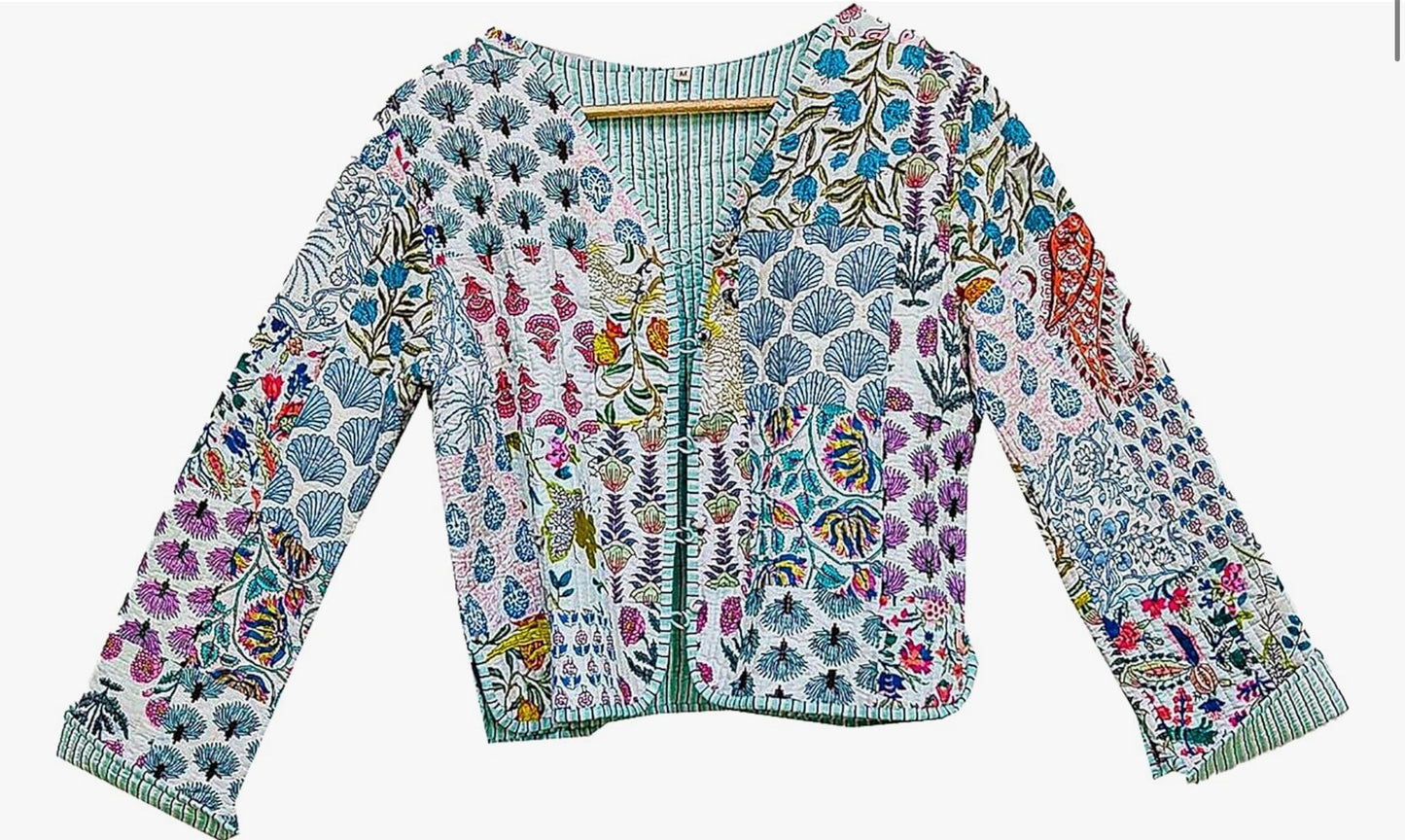 Bohemian Patchwork Kantha Quilted Jacket – Available in Pink, Green & Turquoise